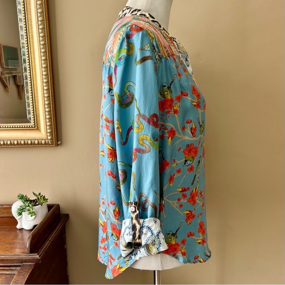 La Prestic Ouiston Romee Silk Blouse Popover Top Mixed Print Bird Snake Leopard - Picture 9 of 16